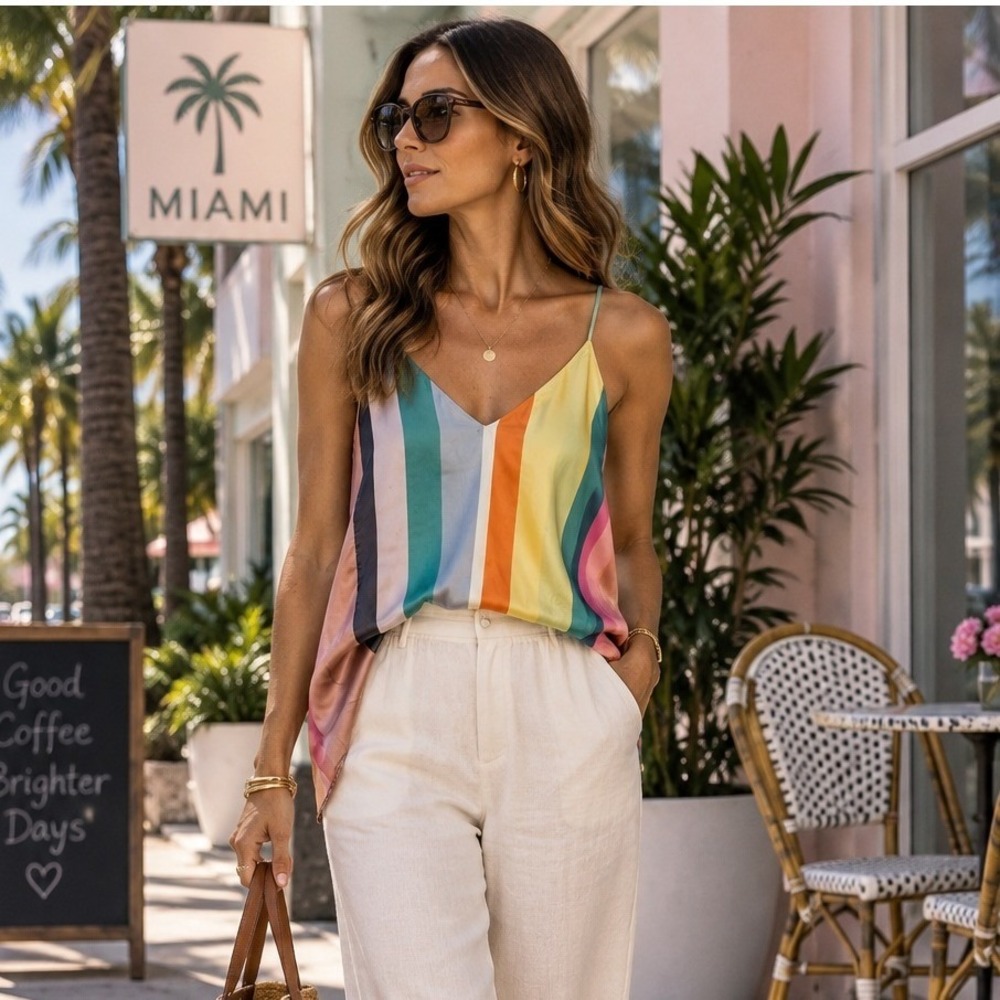 Zara Womens Multi Color Striped Satin V-Neck Cami Tank Top Size Medium #402